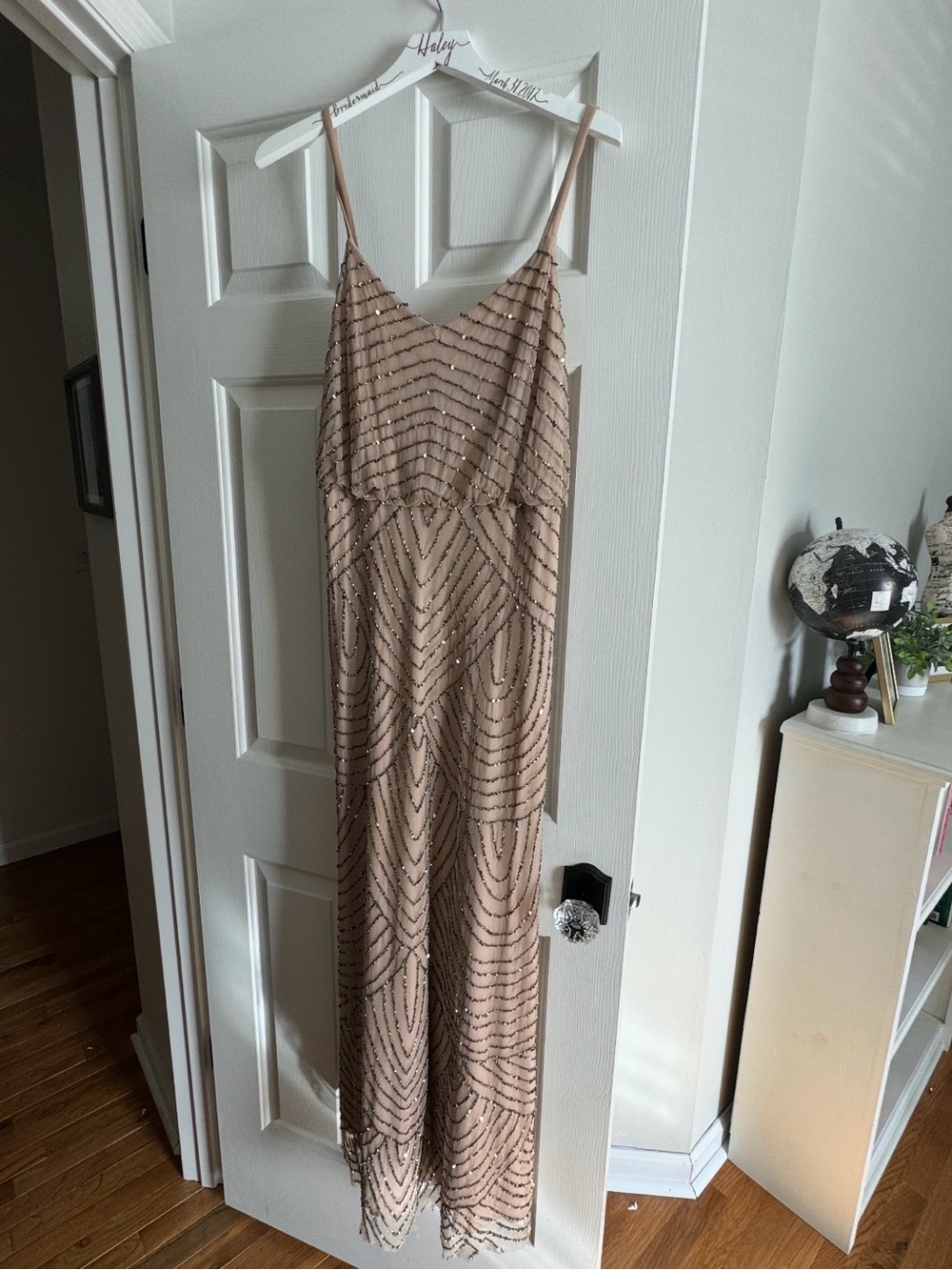 Beaded Tan V-Neck Spaghetti Strap Dress